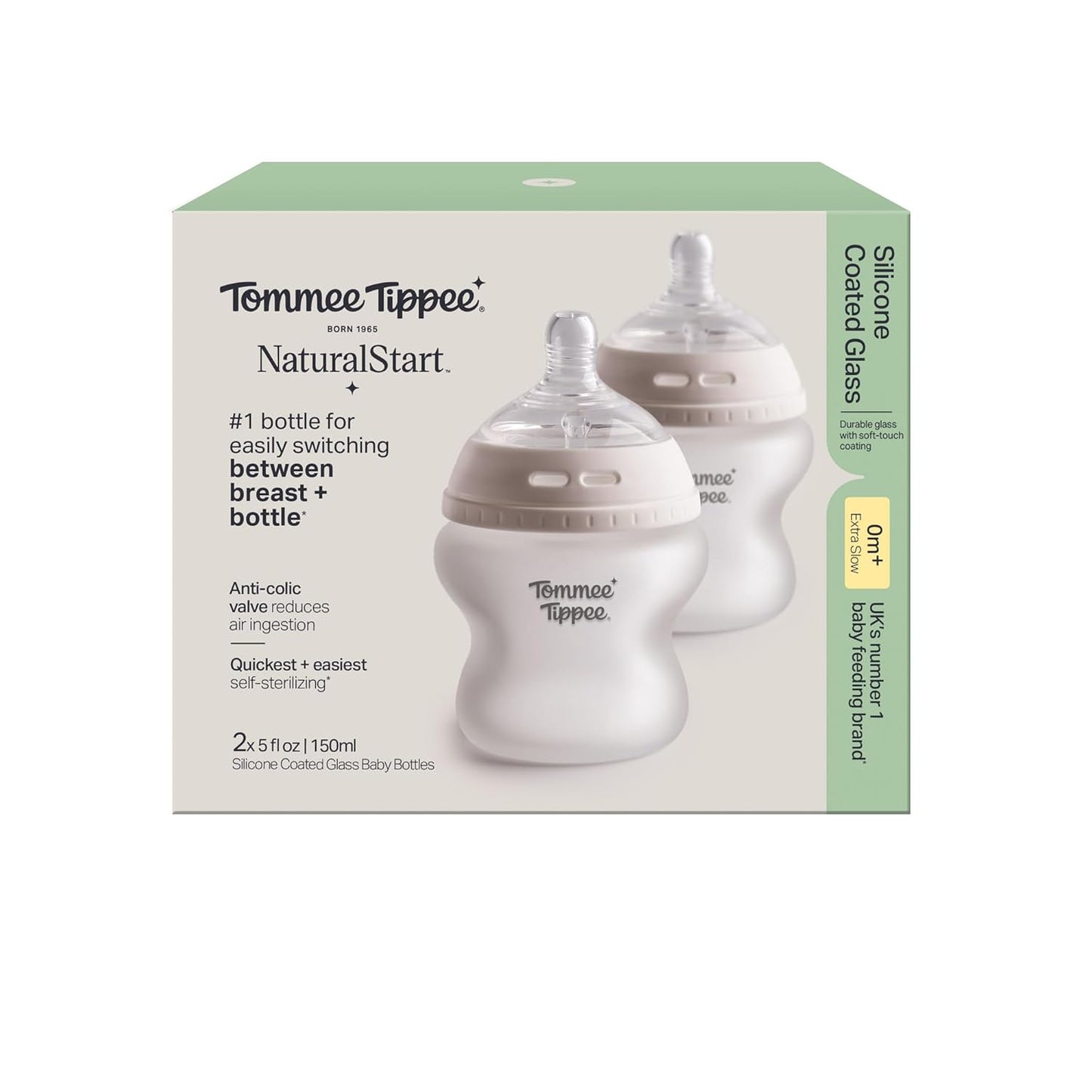 Tommee Tippee Natural Start Silicone Coated Glass Baby Bottles for Feeding from Newborn Up, 5oz, 2 Pack