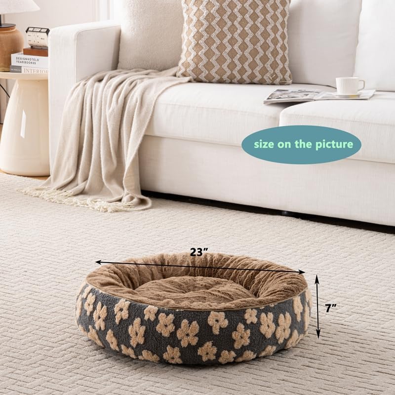 Happy Pets Luxury Orthopedic Pet Bed, Jacquard Brown, or Light Gray, Round Nest Bolster Design, Machine Washable Cover, for All Sized Dog and Cat Breeds (Brown, 30" x 30" x 8")