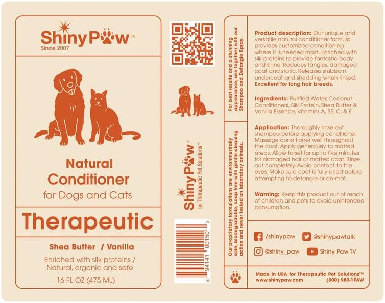 Dog Conditioner for Allergies and Itching | Shiny Paw Shea Butter & Vanilla Conditioner for Dogs & Cats | Dog Matted Hair Detangler | Made in The USA | 16 oz