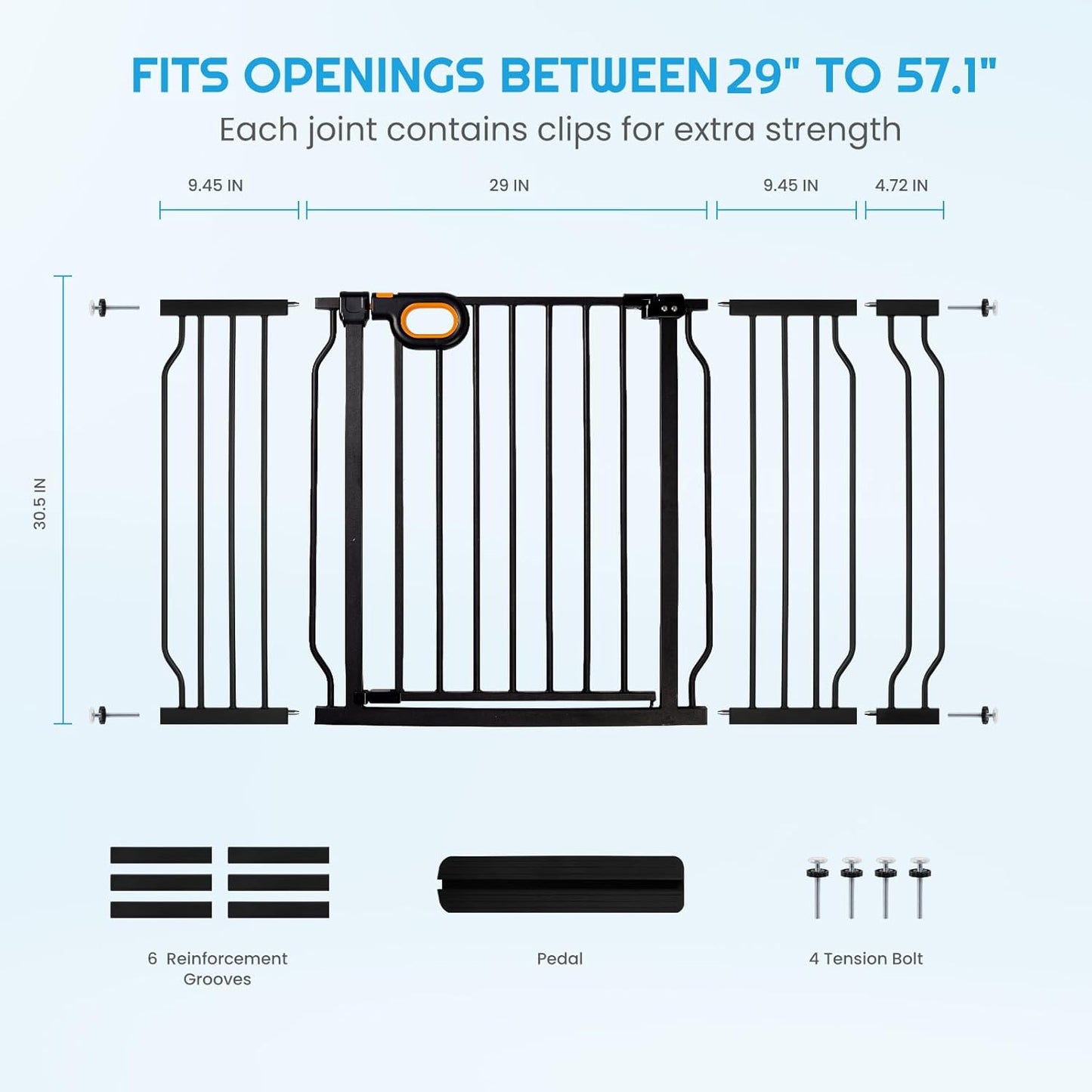 owlie 베이비 게이트 실내 73.7-147cm(29-57인치) 너비, 조절 가능한 계단용 안전 게이트, 드릴 필요 없음, 문 포함, 반려동물 압력 마운트 게이트 어린이 강아지 연장 키트 계단 출입구 블랙 (높이 76.7cm(30.5인치))