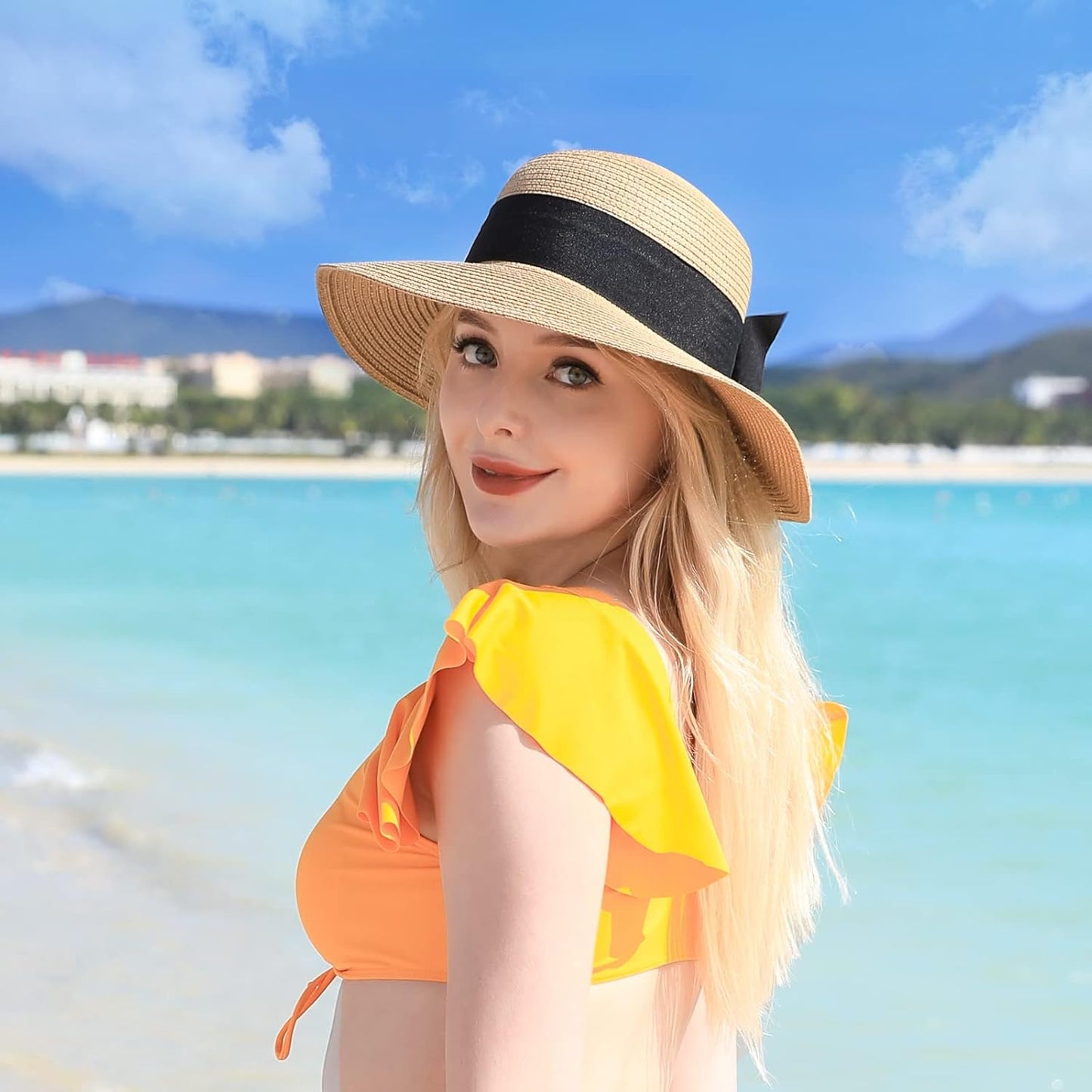 Beach Sun Straw Hats for Women, UPF 50+ UV Sun Protection Wide Brim Summer Straw Hat Foldable Packable Roll up Cap