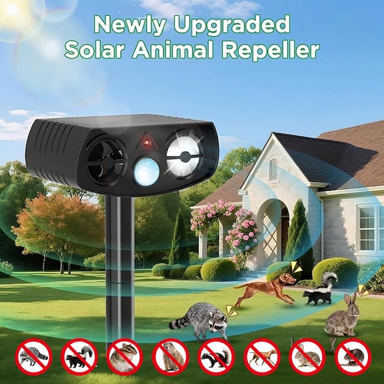 Solar Animal Repeller Outdoor, Motion Activated Ultrasonic Pest Deterrent with LED Light, Waterproof Repellent for Yard Garden, Raccoon Squirrel Rabbit Cat Dog, 2 Pack