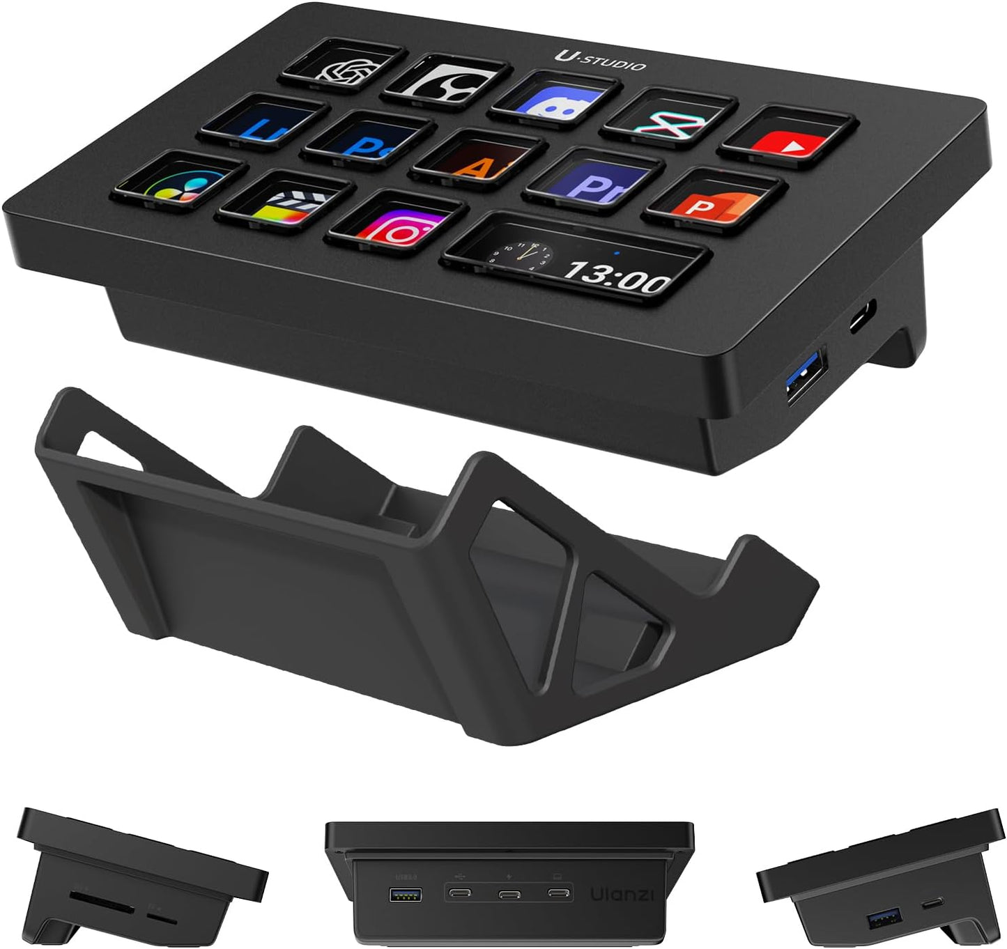 ULANZI D200H Stream Controller & USB C Docking Station with Stand Base, 14 Keys Macro Keyboard with 7-in-1 Hub Deck Dock, SD/TF Card Reader, Customerable LCD Key for Live/Gaming/Editing/Office