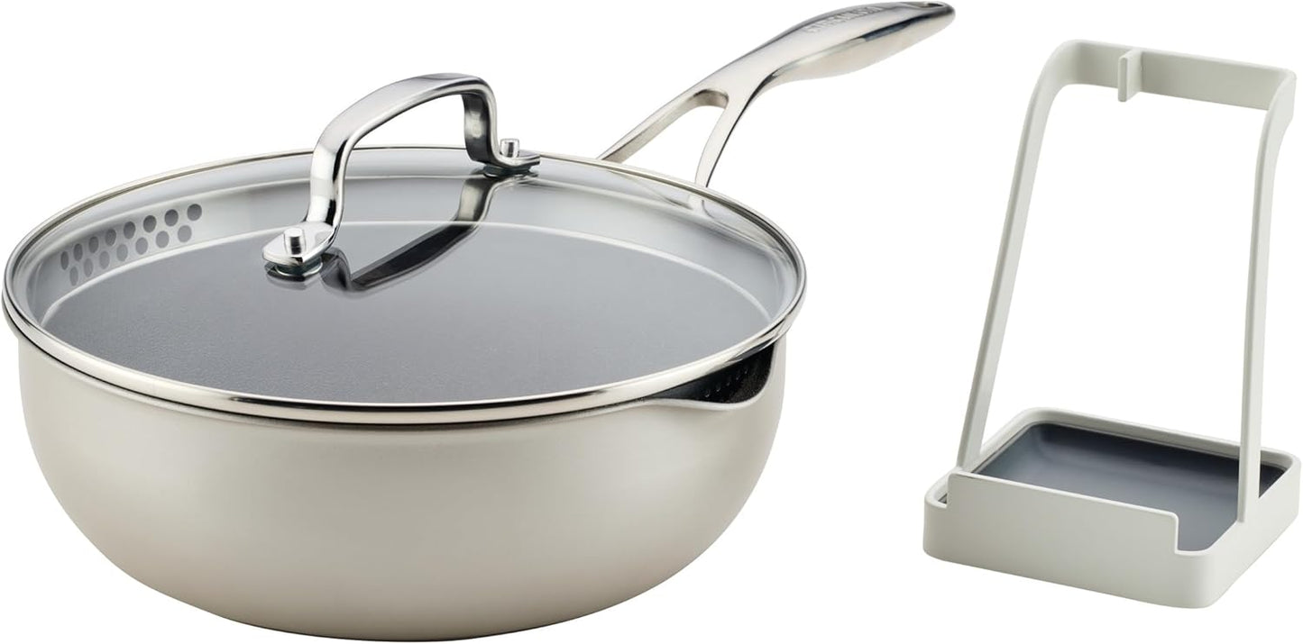 Circulon Infinity Pan with ScratchDefense Nonstick Cookware, Induction Suitable, Dishwasher Safe with Multipurpose Tool Holder and Lid, 9.5 Inch (3.2-Quart), Multipan, Metal Utensil Safe - Platinum