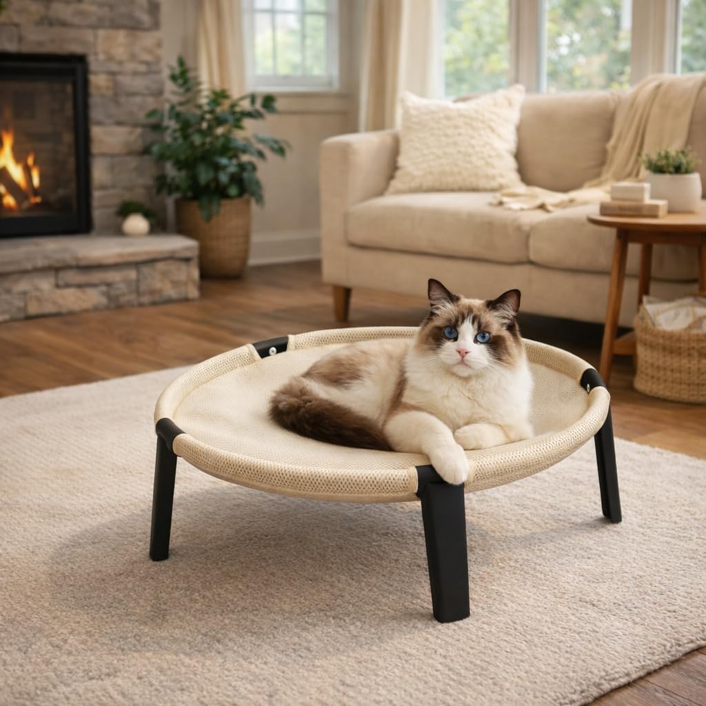 Elevated Cat Hammock Bed, Breathable Mesh Raised Cat Lounger, Removable Washable Mesh(Cream)