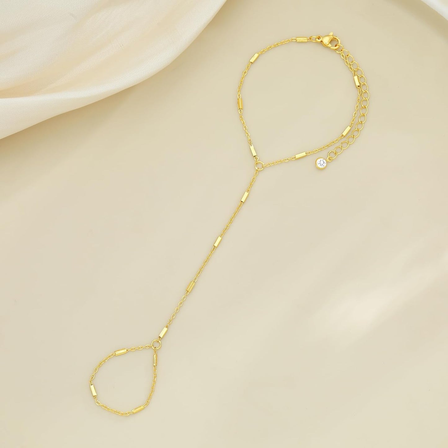 YEEZII Gold Hand Chain Bracelets for Women, 2 Pcs 14k Gold Plated Cubic Zirconia Link Chain Bracelet Set, Trendy ring bracelet hand chain Jewelry for Her