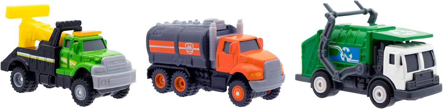 Mighty Fleet Diecast 3-Pack, Tow Truck, Garbage Truck, and Tanker, Durable 3â€ Diecast Vehicles for Kids Ages 3+