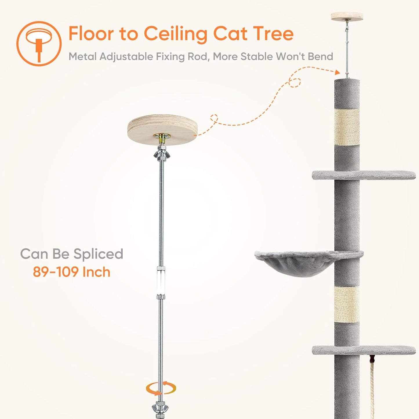 Cat Tree 5-Tier Floor to Ceiling Cat Tree 89-109 Inch, Adjustable Height Cat Tower, Cozy Hammock and Sisal Scratch Post, Provides Vertical Enrichment for Jumping Climbing, Grey