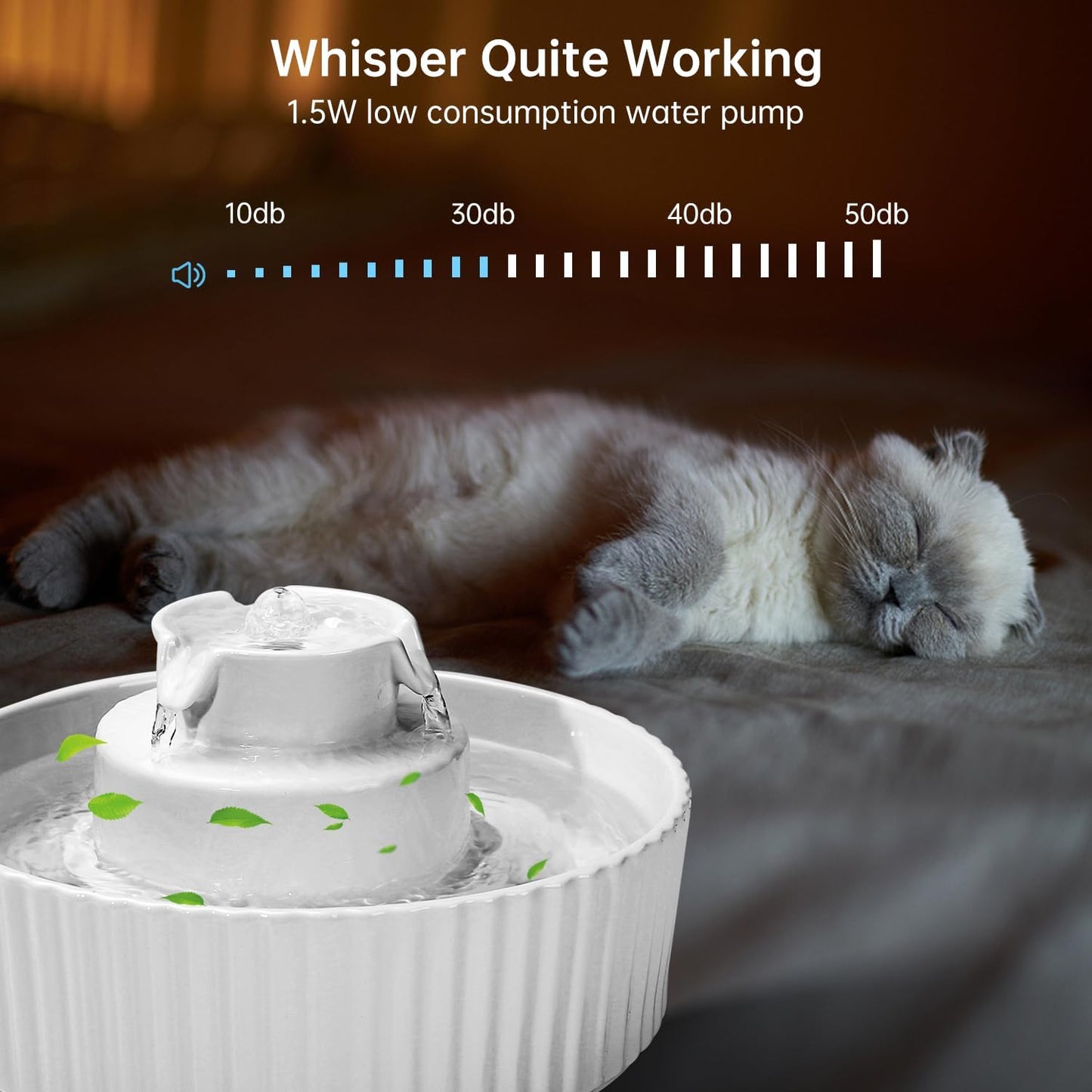 Ceramic Cat Water Fountain, 2.1L/70oz Ceramic Pet Water Fountain Automatic Cat Drinking Fountains Pet Water Bowl, Porcelain Cat Water Dispenser with Ultra-Quiet Pump for Cats and Dogs (White)