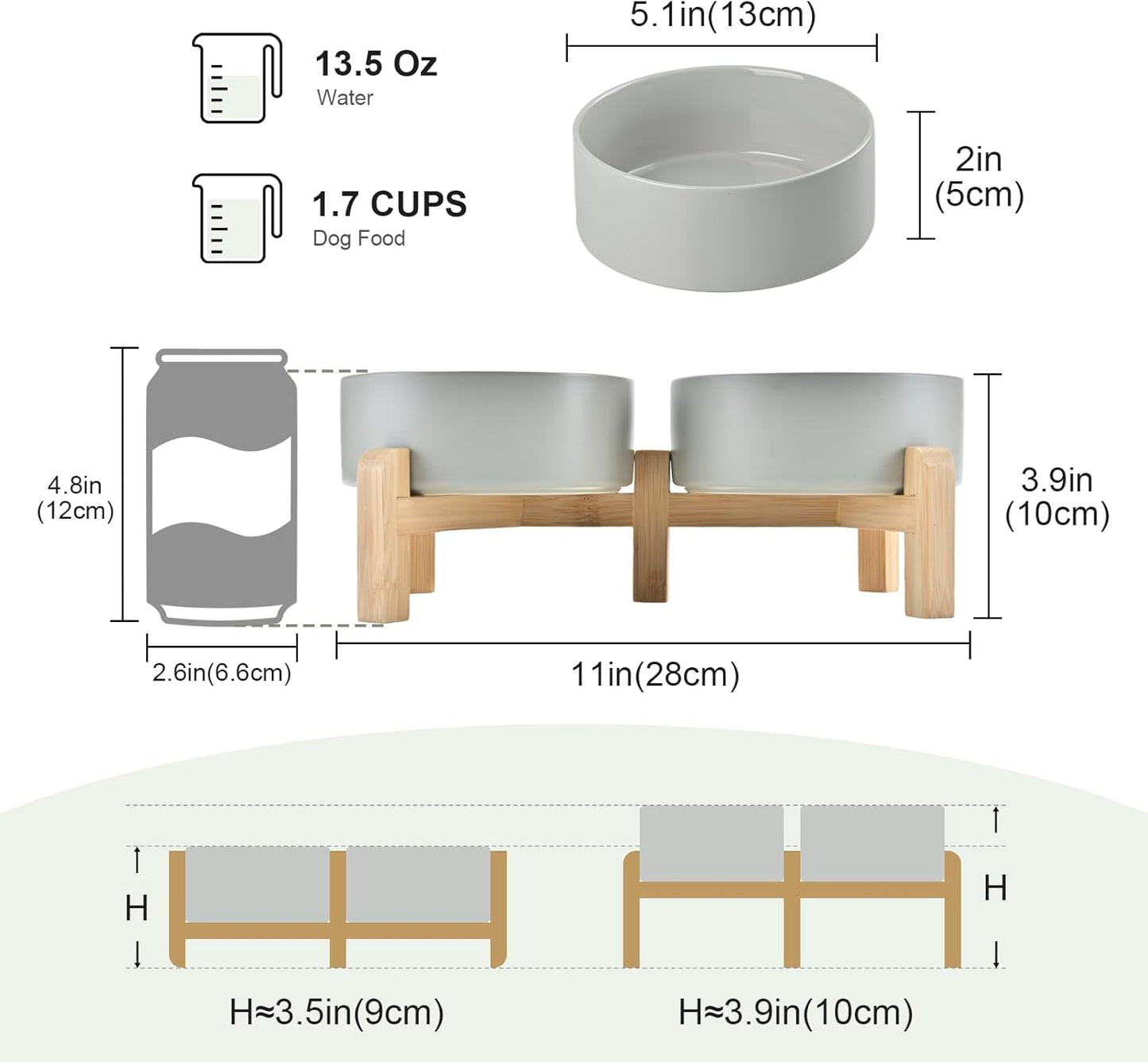 SPUNKYJUNKY Elevated Dog Bowls Ceramic, 5.1'' Dogs and Cat Food Water Bowls Raised with Non-Slip Bamboo Stand for Puppy Small Sized Breed Microwave Dishwasher Safe - 13.5 OZ,Grey