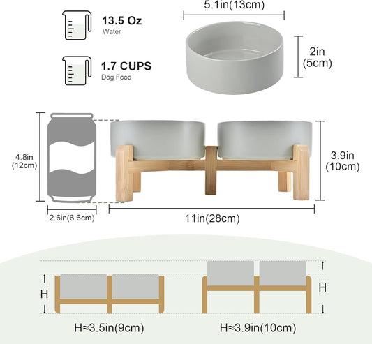 SPUNKYJUNKY Elevated Dog Bowls Ceramic, 5.1'' Dogs and Cat Food Water Bowls Raised with Non-Slip Bamboo Stand for Puppy Small Sized Breed Microwave Dishwasher Safe - 13.5 OZ,Grey