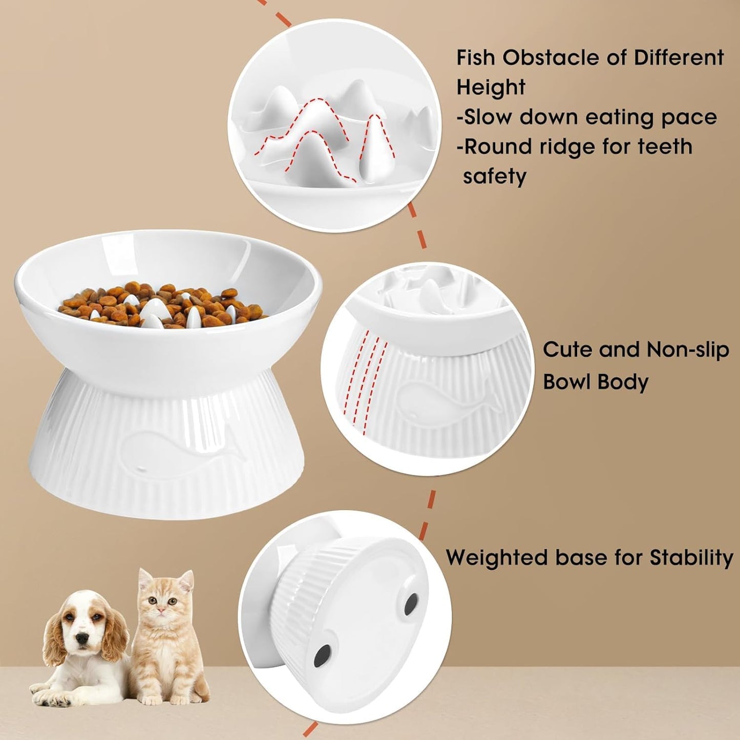 Raised Cat Slow Feeder, Ceramic Slow Feeder Cat Bowl, Upgraded Ridges to Prevent Vomiting and Indigestion, No Spill High Edge for Dry/Wet Food, Heavy and Stable, Easy to Clean Pet Bowls