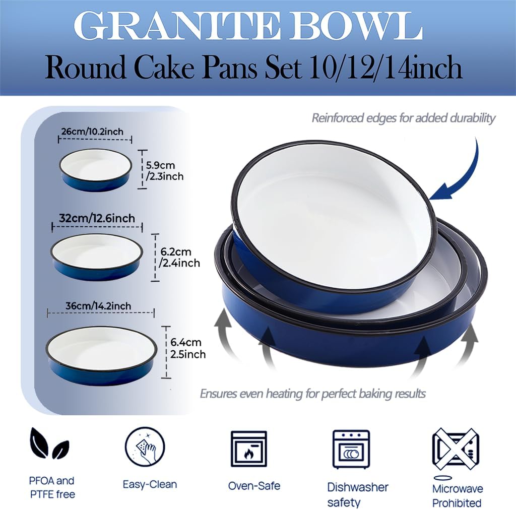 3-Pack Enamel Roasting & Baking Pan Set 10/12/14 Inch Round Cake Pans for Turkey Pizza Casseroles Desserts Oven& Dishwasher High Temperature Resistance Baking Dishes for Mom Wife Valentine's Day