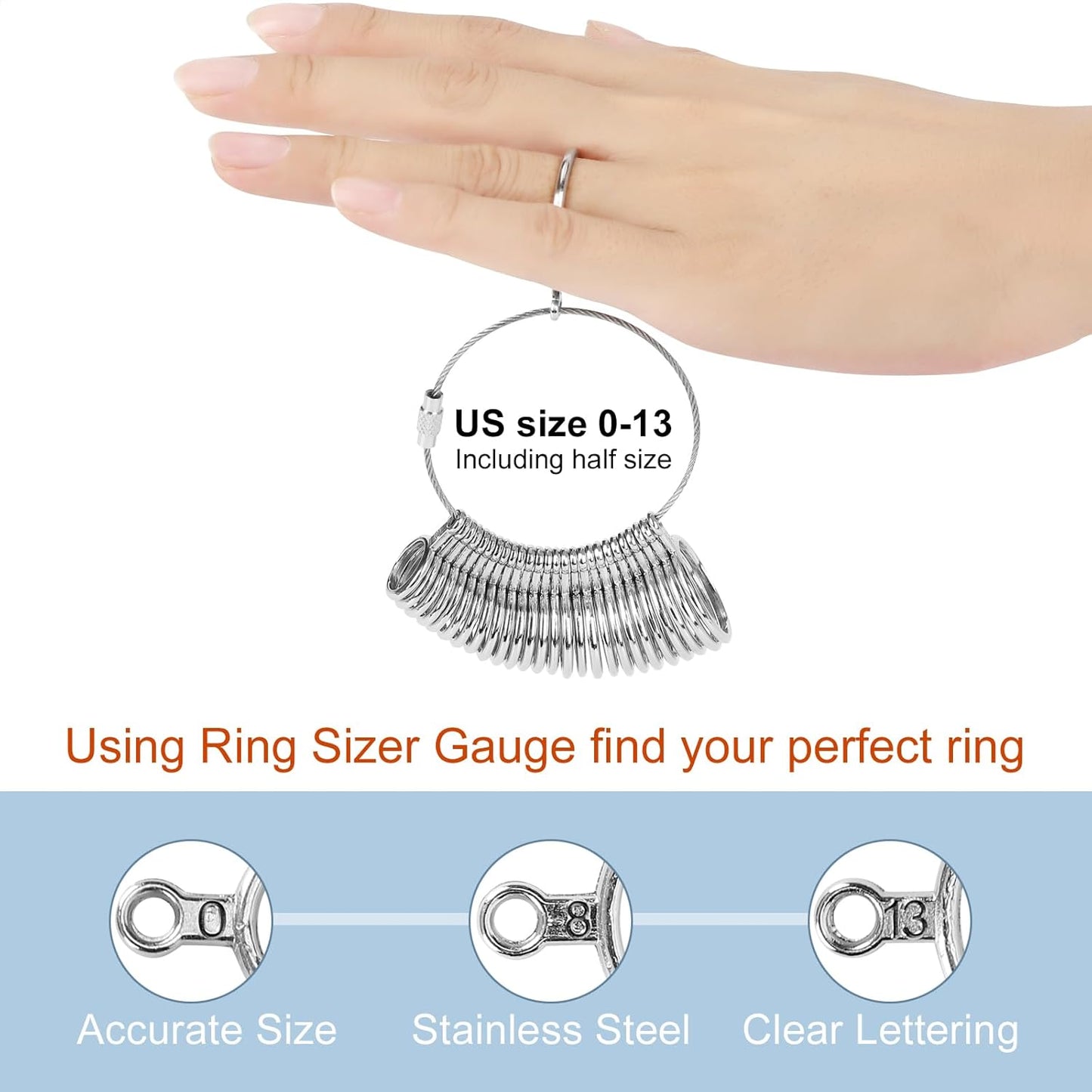 Ring Sizer Measuring Tool Kit, 27 PCS Premium Stainless Steel Measuring Ring Tool, US Ring Size 0-13 with Half Size, 2 PCS Reusable Finger Size 1-17 USA Rings Size with Magnified Glass