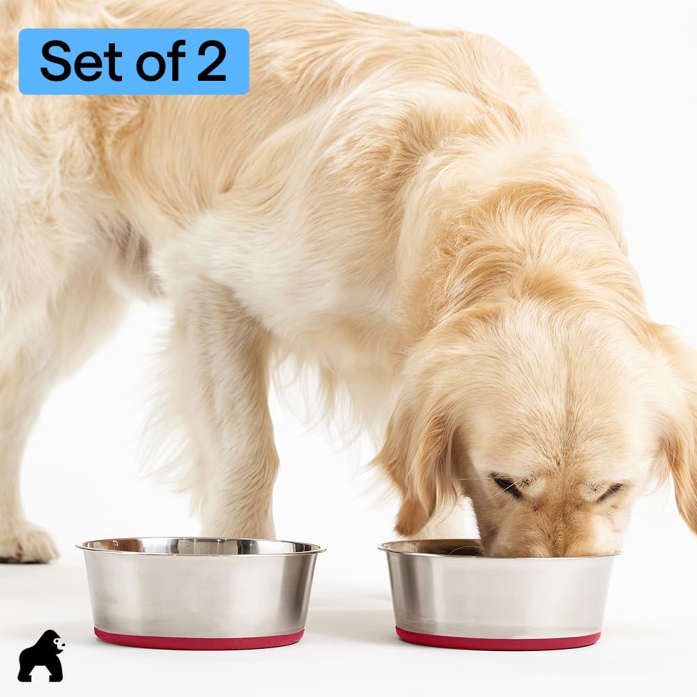 GORILLA GRIP Dog Bowls, Food Grade 304 Stainless Steel, Holds 2 Cups Each (16 fl oz) Food and Water Bowl for Feeding Dogs and Cats, Dishwasher Safe, Rust Resistant, BPA Free Rubber Base Set of 2 Red