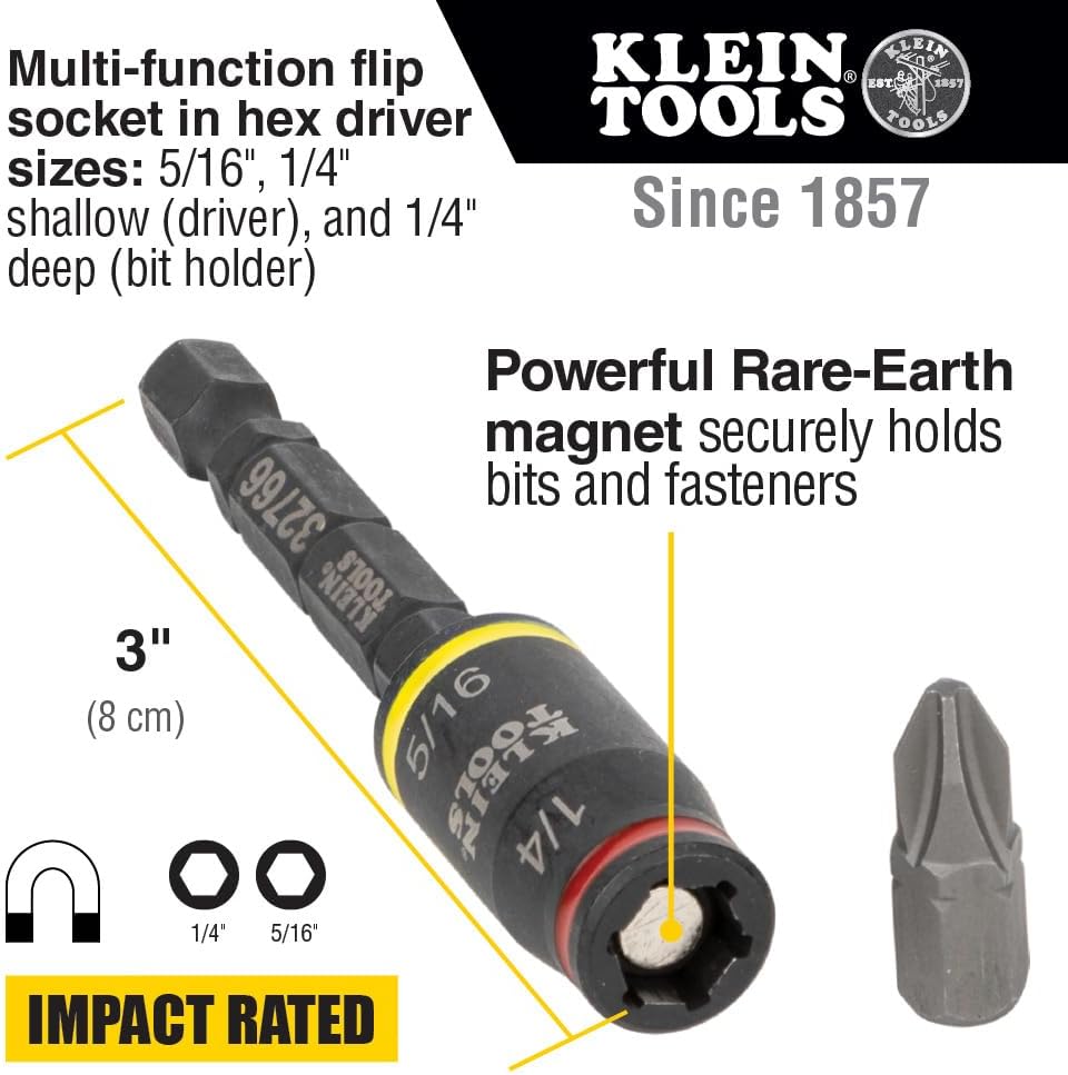 Klein Tools 32768 Impact Driver Set, 3-in-1 SAE Impact Socket and Bit Holder, Flip Socket with Nut Drivers in 1/4 and 5/16 Hex Sizes, 3 and 5-Inch Lengths, 2-Piece