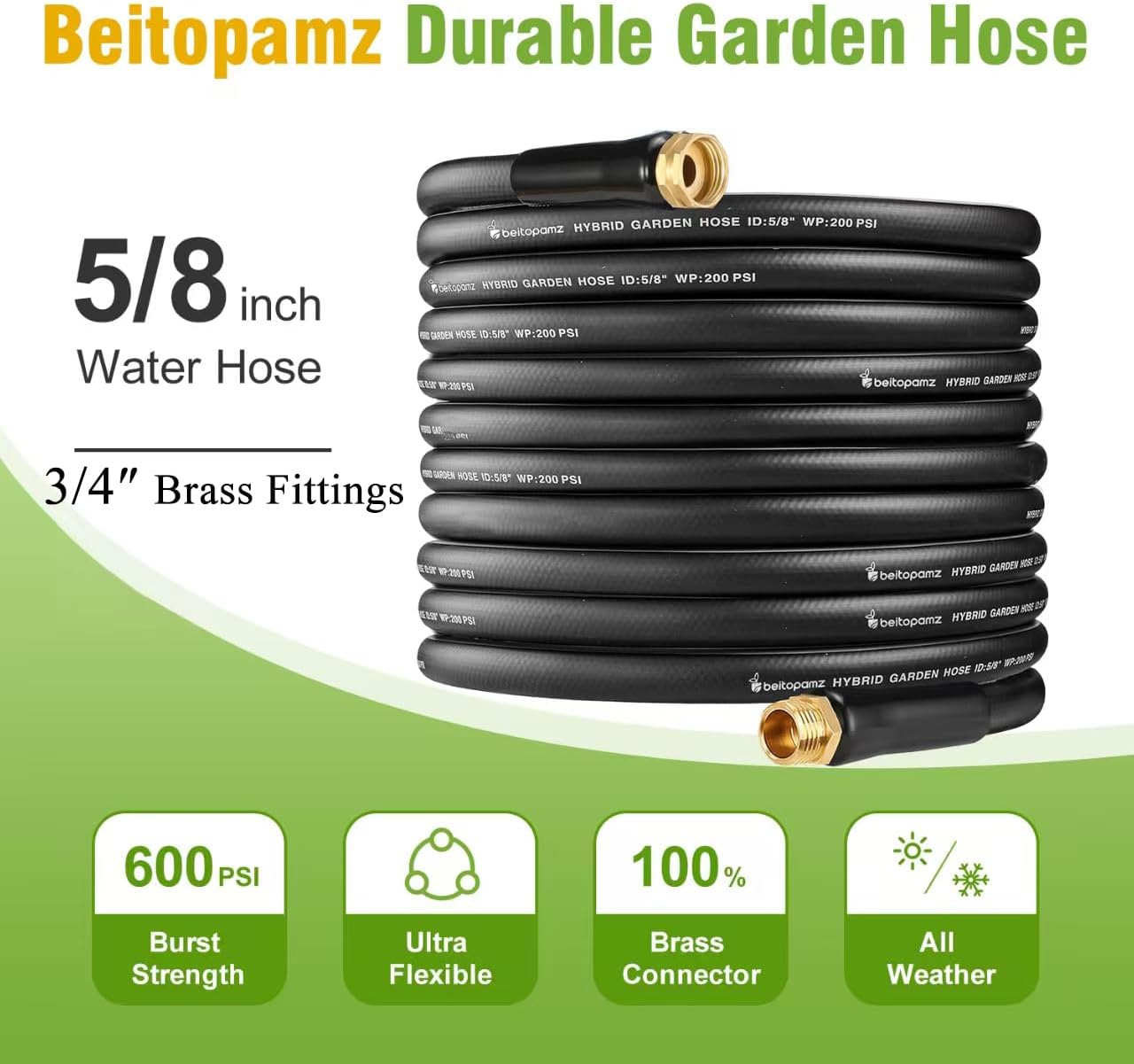 Garden Hose 50 ft x 5/8 in Heavy Duty Water Hose, Flexible and Durable, Lightweight Rubber Hybrid Hose, Leak-Free Connections, Male to Female 3/4'' Brass Fittings for Patio, Lawn, Black