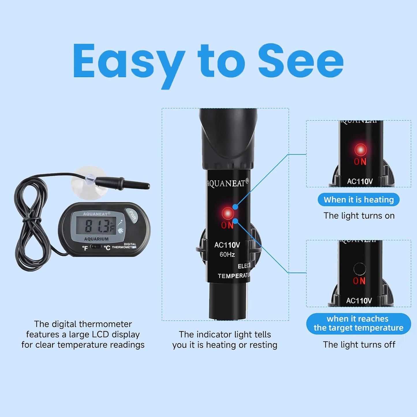 AQUANEAT Aquarium Heater, 300W Fish Tank Heater, Adjustable Submersible Water Thermostat with Digital Thermometer