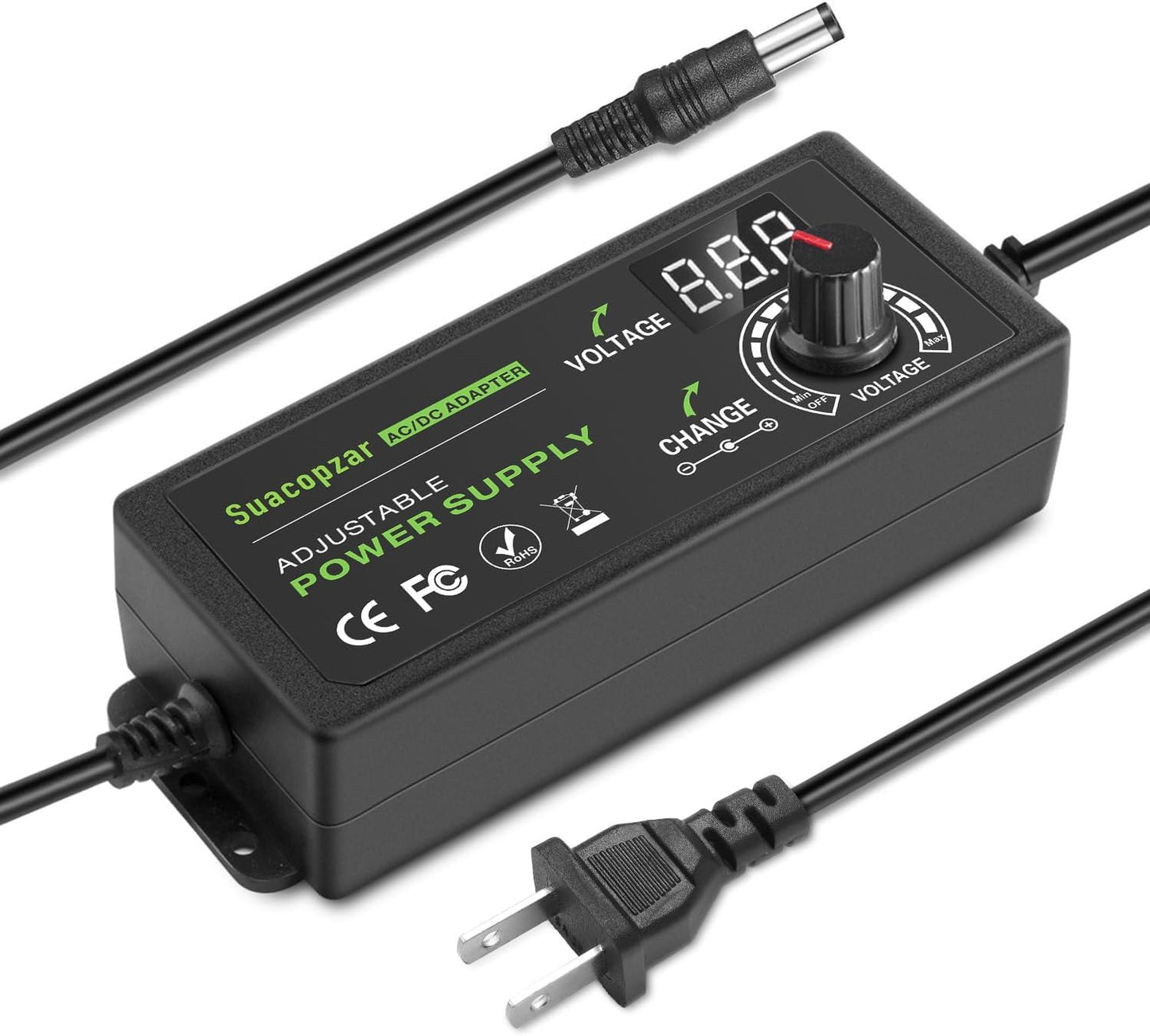 60W Power Supply Adjustable DC 3V ~ 12V 5A, Variable Universal Switching AC/DC Adapter with LED Display, 100V-240V AC to DC Converter with 5.5x2.1mm & 5.5x2.5mm, Variable Adapter for LED Strip Light
