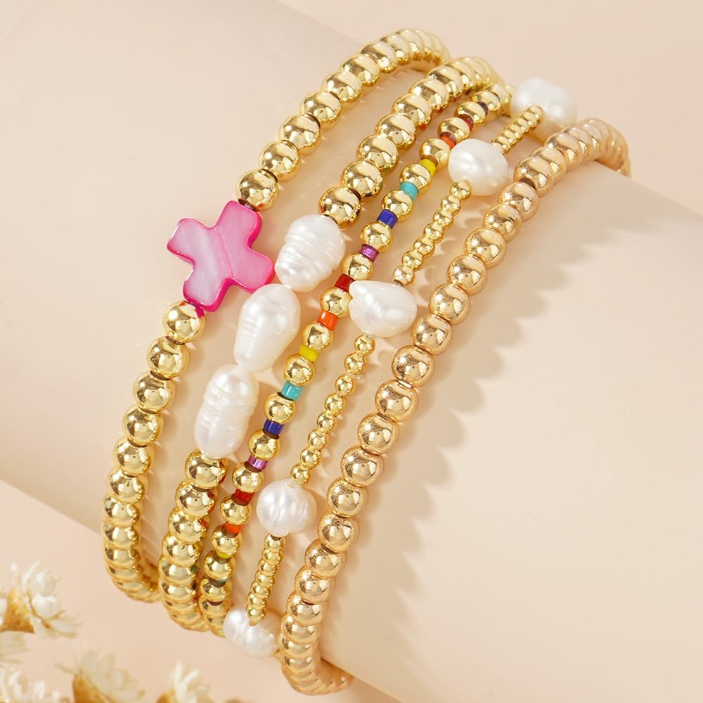 14K Gold Pearl Beaded Cross Bracelets Stack Set for Women,Stretch Boho Colorful Christian Beads Ball Jewelry Trendy Gift