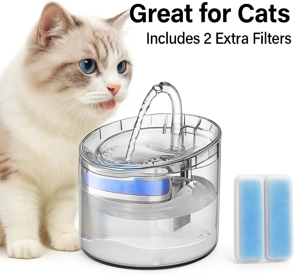 Pet Water Fountain for Cats and Dogs, 2.0L Transparent Automatic Water Dispenser with 3 Filters Included (Extra 2 Bonus Filters) – Quiet Pump – Model WF060