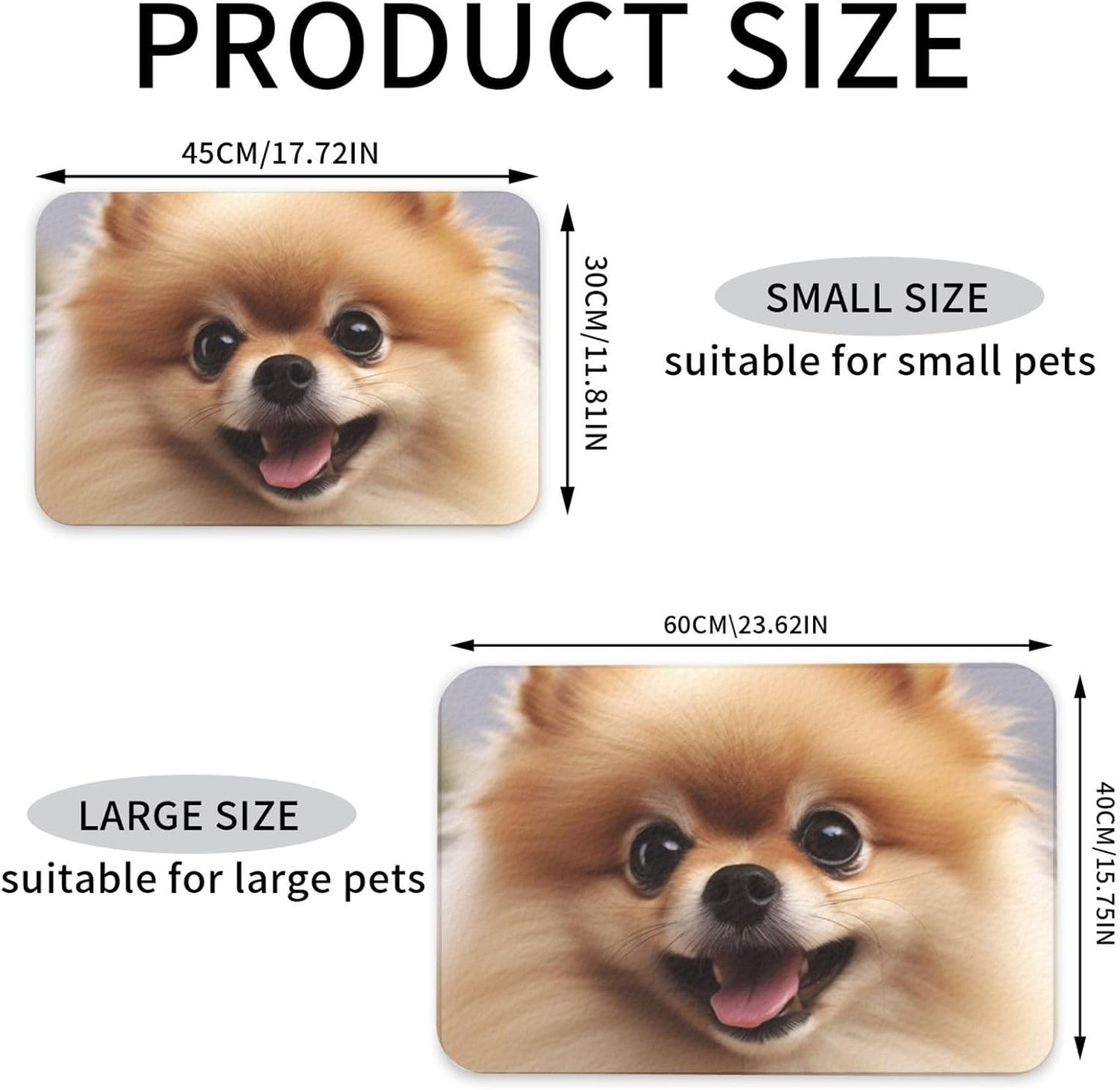 Cute Pomeranian Pet Feeding Mat 40x60cm Absorbent Leather Dog Cat Food Mats Non-Slip Dog Bowl Mats for Food and Water, Quick Dry Pets Placemats for Cats and Dogs Water Bowl