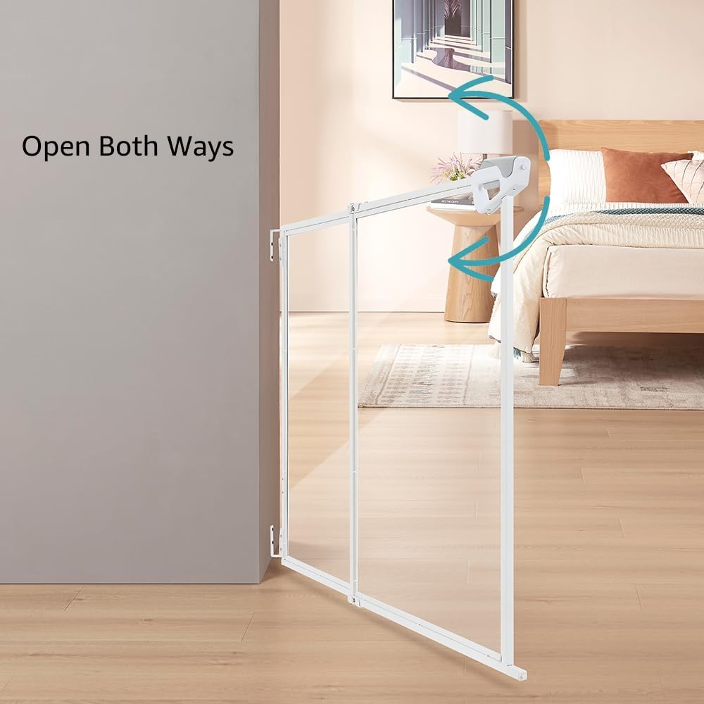 beeNbkks Clear Dog Gate, No Bottom Bar Pet Safety Gate for Doorways Hallways Stairs, Walk Thru Design with One-Hand Dual Swing Door, Indoor and Outdoor Use, Adjustable 28" to 43.5" Wide, 30" Tall