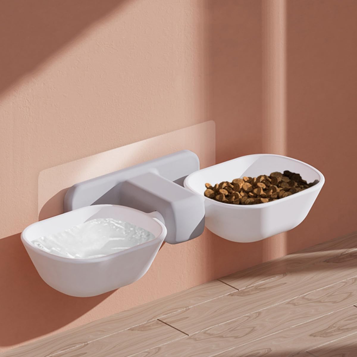 Wall-Mounted Pet Feeder Double Bowl, White Cat Feeding Bowl with Neck Protection, Space-Saving Wall Mount Design for Indoor Cats and Small Dogs, Includes Adhesive