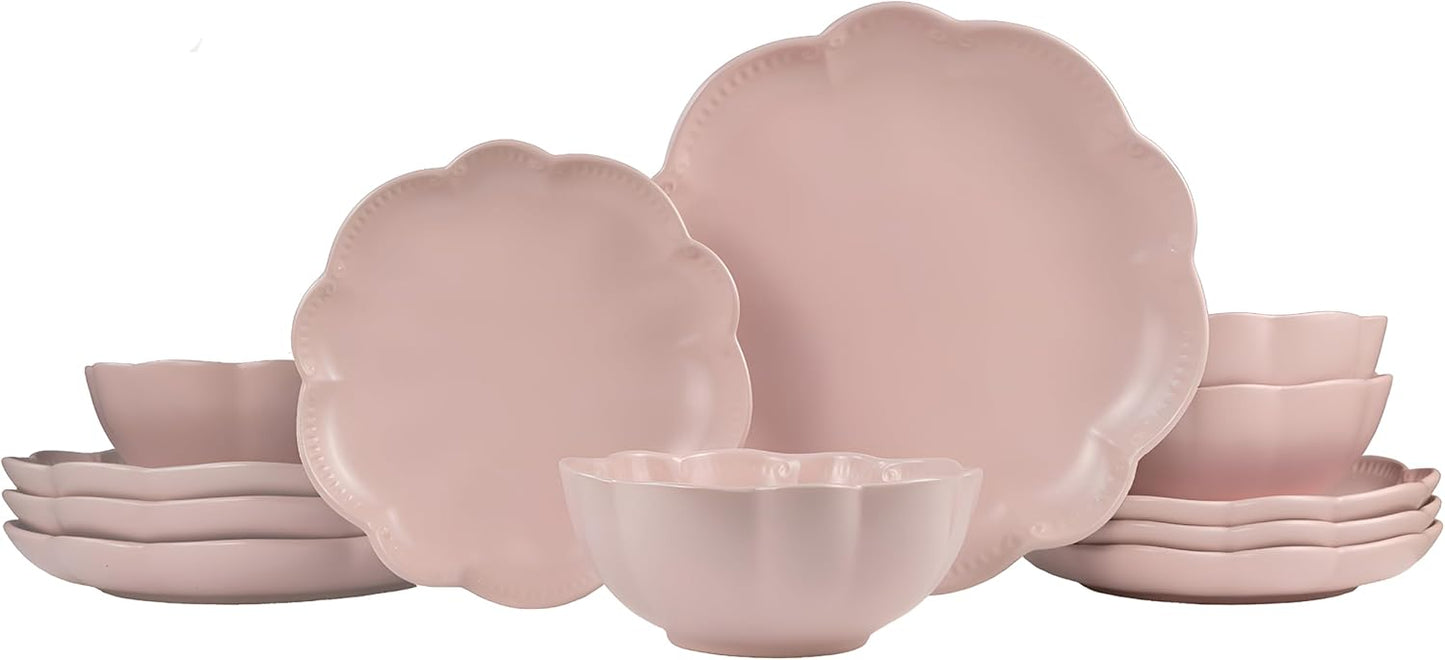 Sango 12 Pieces Scalloped Dinnerware Set, Modern Pink Dishes for 4, Premium Serving Plates & Bowls Sets, Chip Resistant, Ceramic Dishware, Kitchen Dish, Microwave & Dishwasher Safe, Bethany