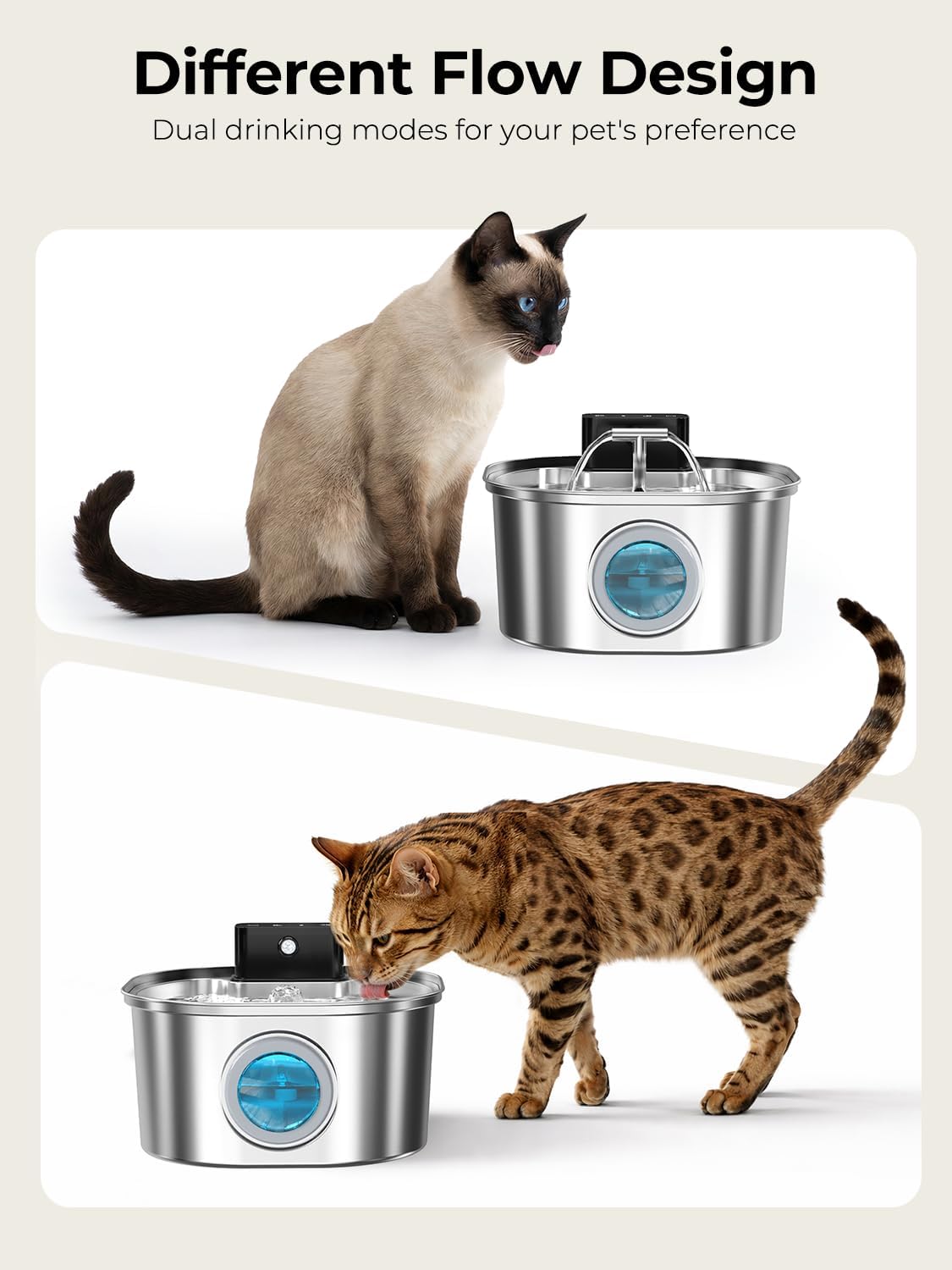 Voluas Stainless Steel Wireless Cat Water Fountain: 3.2L/108oz 3-Modes Pet Drinking Fountain Indoor Cordless Motion Sensor with Pet Water Dispenser Bowl with Water Level Window, BPA-Free, 4Filter
