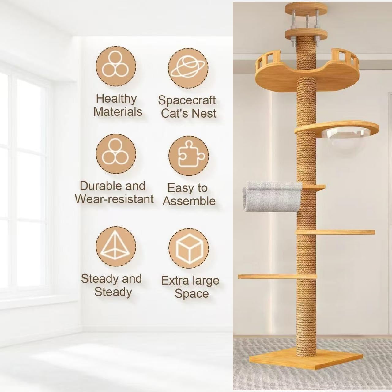 Sturdy Floor-to-Ceiling Cat Tree | Solid Real Wood 55-122'' Height Adjustable Drill-Free Tower | Ideal for Multi-Cat Households & Large Breeds with Extra-Thick 4.3" Solid Wooden Posts