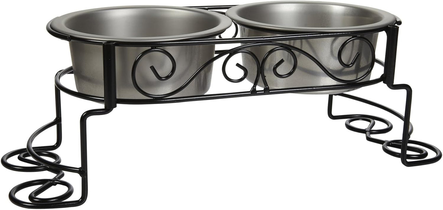 SPOT Mediterranean Double Diner Elevated Dog Bowls – Raised Feeder with Stainless Steel Bowls – 1 Pint Capacity per Bowl (2 Cups Total) – Promotes Better Digestion – Decorative Metal Stand, Black