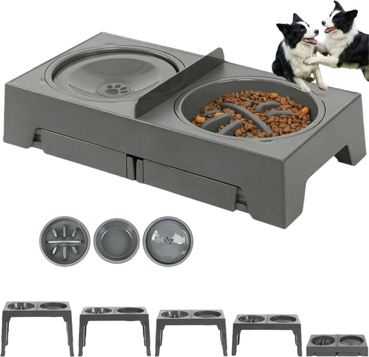 3-in-1 Elevated Slow Feeder and Water Bowls for Dogs, 4 Height Adjustable Raised, Separate Dry and Wet Areas, Prevent Water Overflow, Foldable Pet Bowl