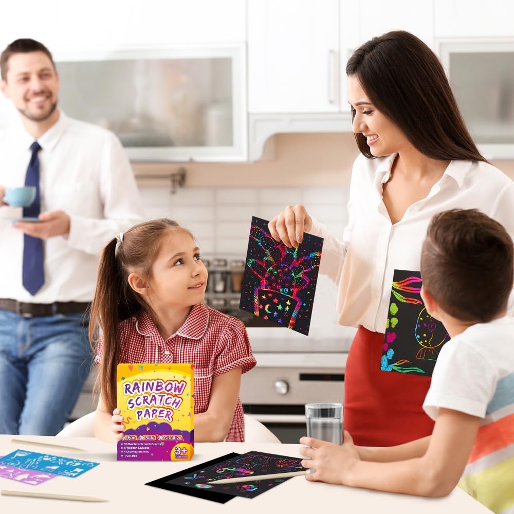 FUNNYB&G Rainbow Scratch Paper Art for Kids - 60 Pcs Magic Rainbow Scratch Paper Off Set Scratch Easter Crafts Arts Supplies Kits Pads Sheets for Party Games Valentine's Day Christmas Birthday Gifts
