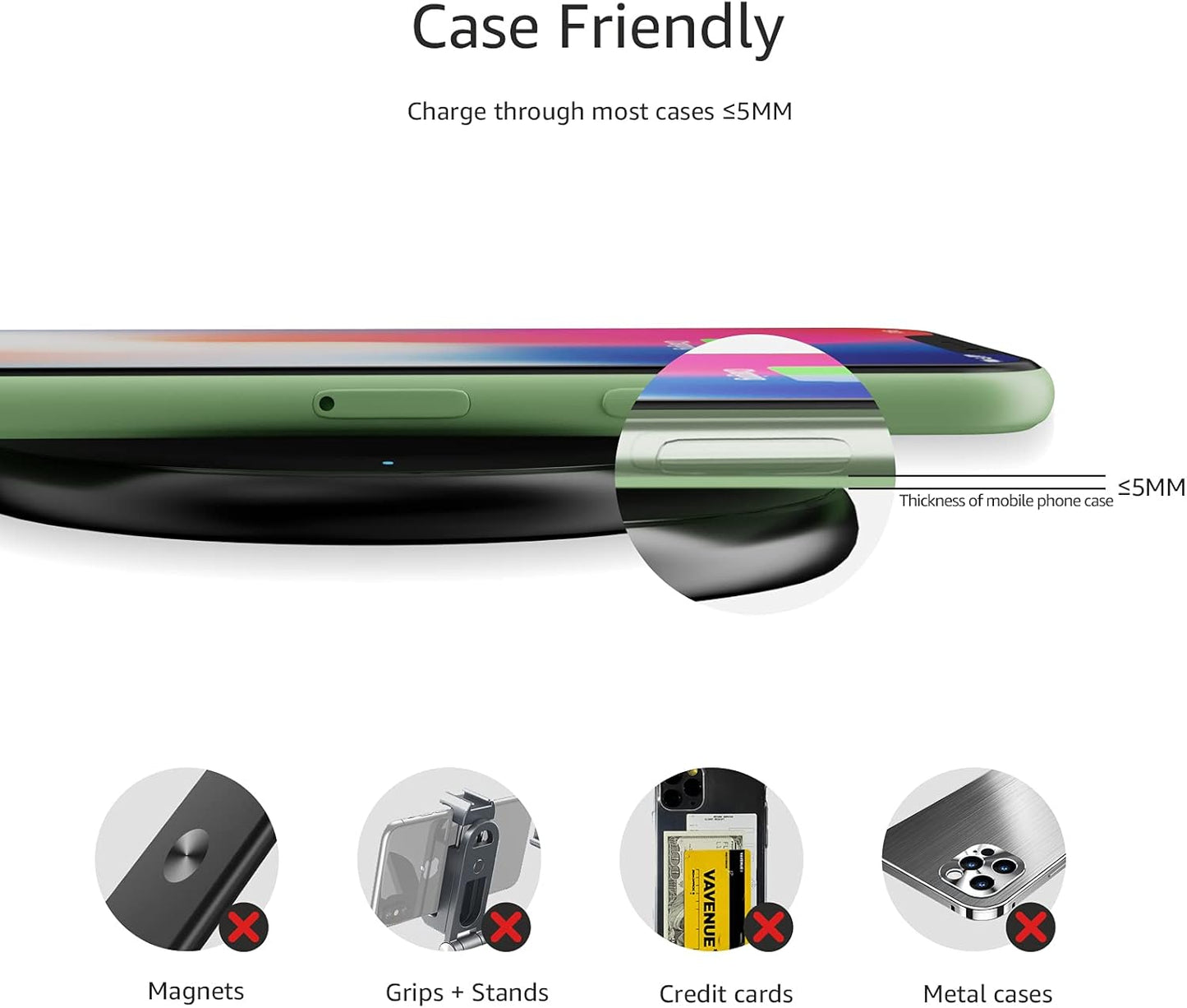Amazon Basics 15W Qi Certified Fast Wireless Charging Pad with USB Cable for iPhone 15/14/13/12/11/X, Samsung and LG, Case Compatible, Black