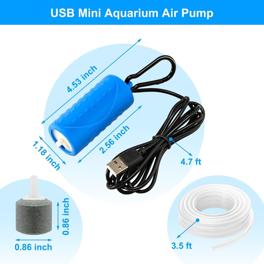 USB Mini Aquarium Air Pump Ultra Quiet Fish Tank Air Pump with Black Hanging Clasp Portable Aquarium Oxygen Aerator Pump Includes Fish Tank Airline Tubing and Air Stone(1W/2W/3W)