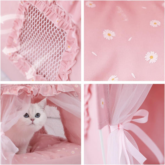 Selena Cat Bed Tents Dog House Indoor Outdoor Lace Mesh Breathable Windows Door Curtains Removable Portable Nest Teepe House (Small,Pink(Ruffled Teim))