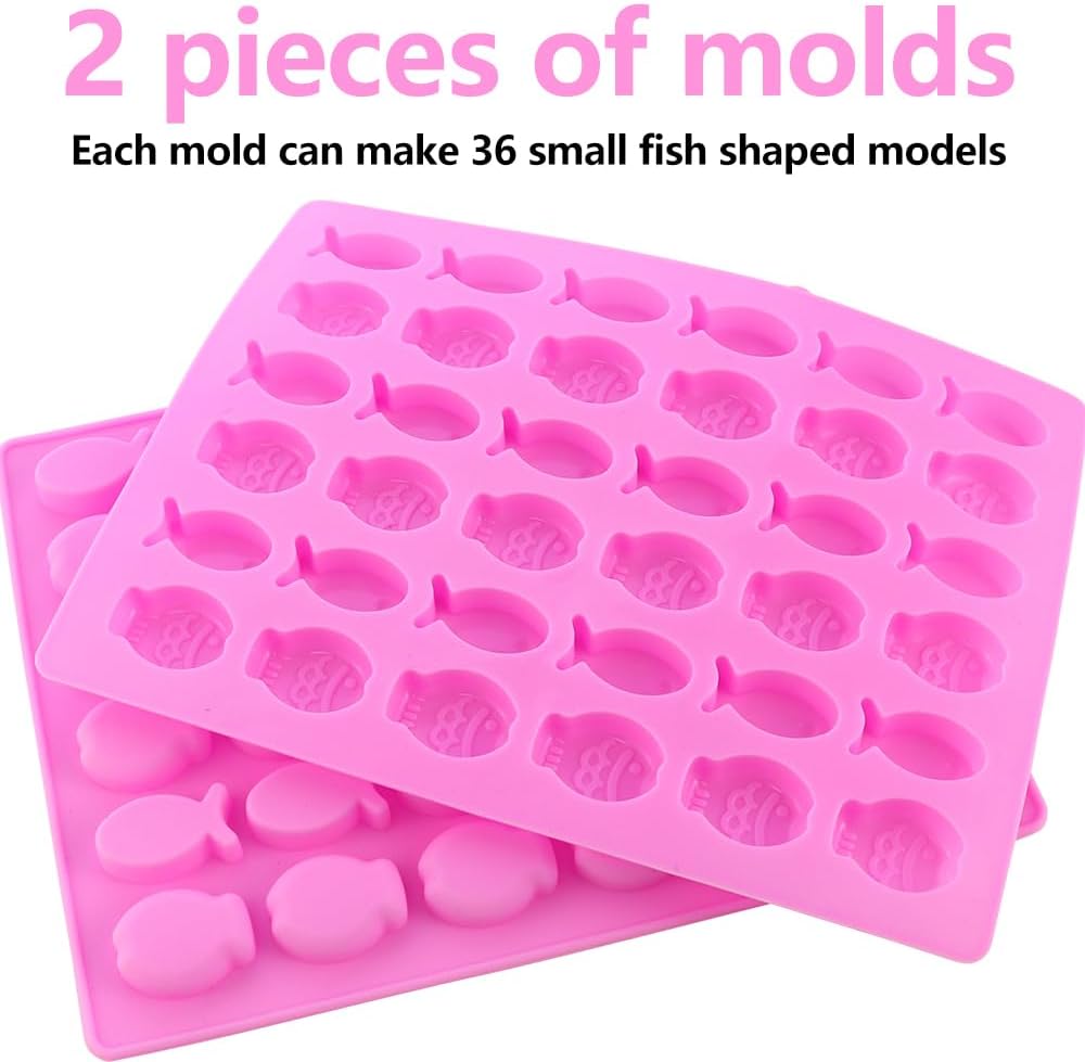 2 Pack Mini Fish Shaped Mold Non-stick Chocolate 36-Cavity Food Grade Silicone Molds for Baking and Homemade Treats, Gelatin Gummies, Candy, Biscuits, Ice Cubes, Chocolate