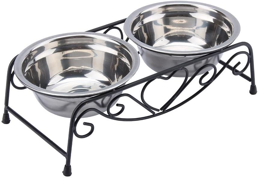 Elevated Pet Bowls, Stainless Steel Cat Dog Double Dog and Cat Water Food Feeder Retro Stand Dish Bowls Stand for Dogs Cats Puppy(Size: 10.2 x 5.5 x 3.3inch)