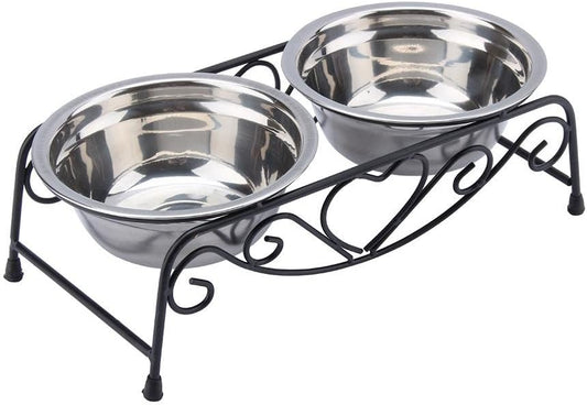Elevated Pet Bowls, Stainless Steel Cat Dog Double Dog and Cat Water Food Feeder Retro Stand Dish Bowls Stand for Dogs Cats Puppy(Size: 10.2 x 5.5 x 3.3inch)
