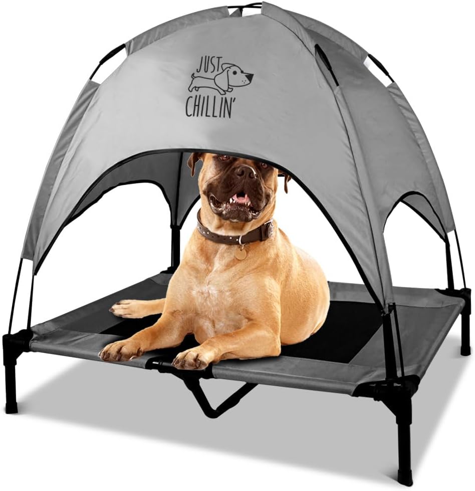 Just Chillin Large Elevated Dog Bed. Cool Cot with Removable Canopy Shade. Indoor or Outdoor Pet Use. Lightweight and Portable. Chill in Style on Raised Breathable Mesh Fabric.