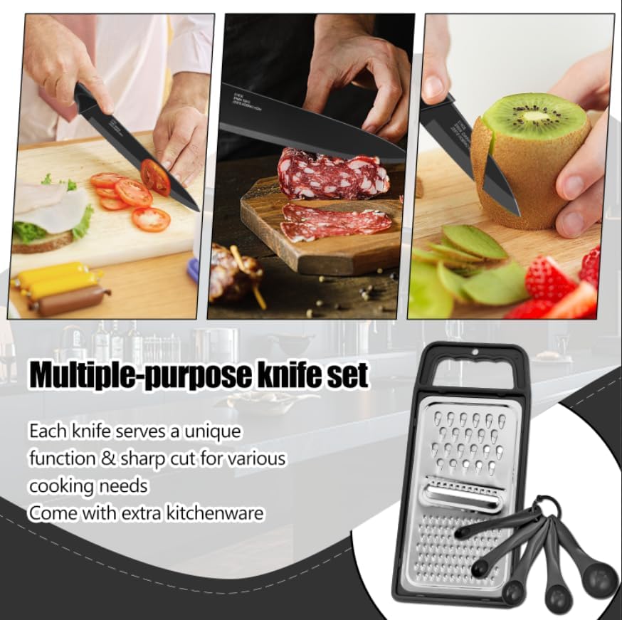 HaWare Knife Set, 21 Pieces Stainless Steel Kitchen Knife Block Set, Black Chef Knife Sets with 6 Steak Kinves, Measuring Spoon & Slicer for Home, Sharp Blade & Light Weight Cutlery, Ergonomic Handle