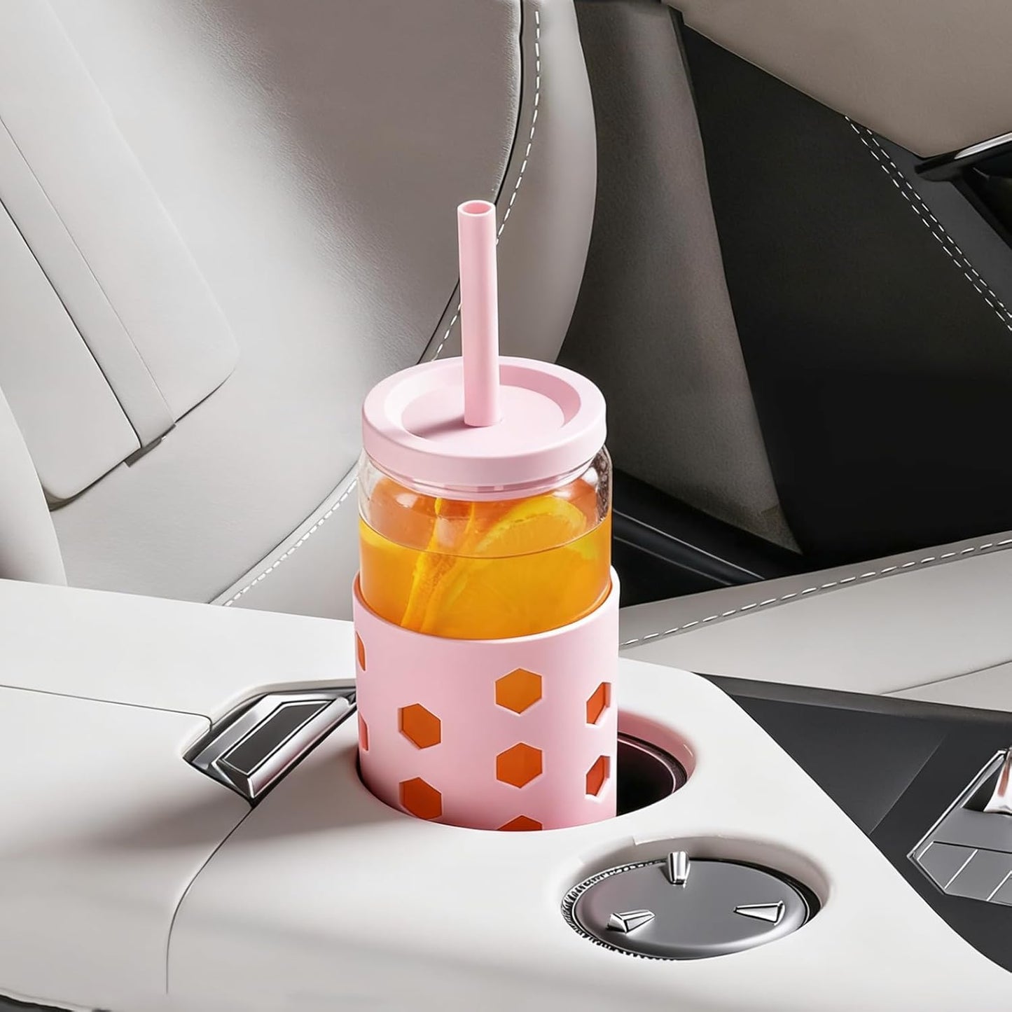 Glass Cups with Lids and Straws (4 Pcs), 16oz Drinking Glasses Set with Silicone Sleeves for Coffee Bar Accessories Iced Coffee Cups with Lids, Glass Tumbler Reusable for Gifts