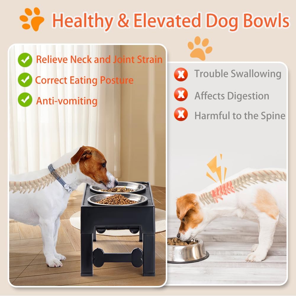 Marchul Elevated Dog Bowls, Raised Dog Food Water Bowls with 2 Thick Stainless Steel Bowls, 4 Height Adjustable, Non-Slip Stand for Medium Large Dogs
