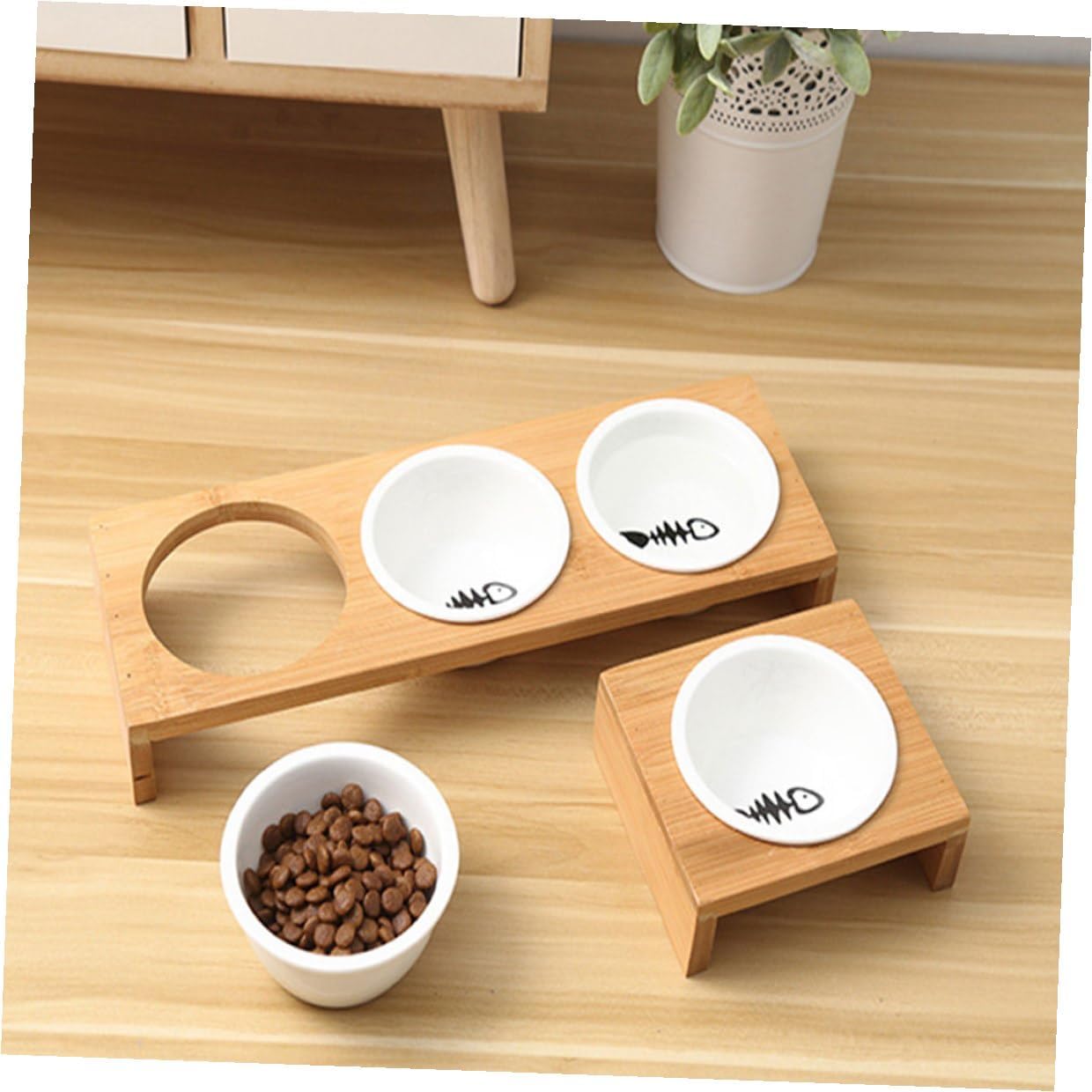 FAVOMOTO Elevated Stand Cat Bowl Set with Ceramic Bowls, Indoor Raised Pet Water and Food Dish for Kittens and Dogs, Non-Slip Household Feeding Supplies