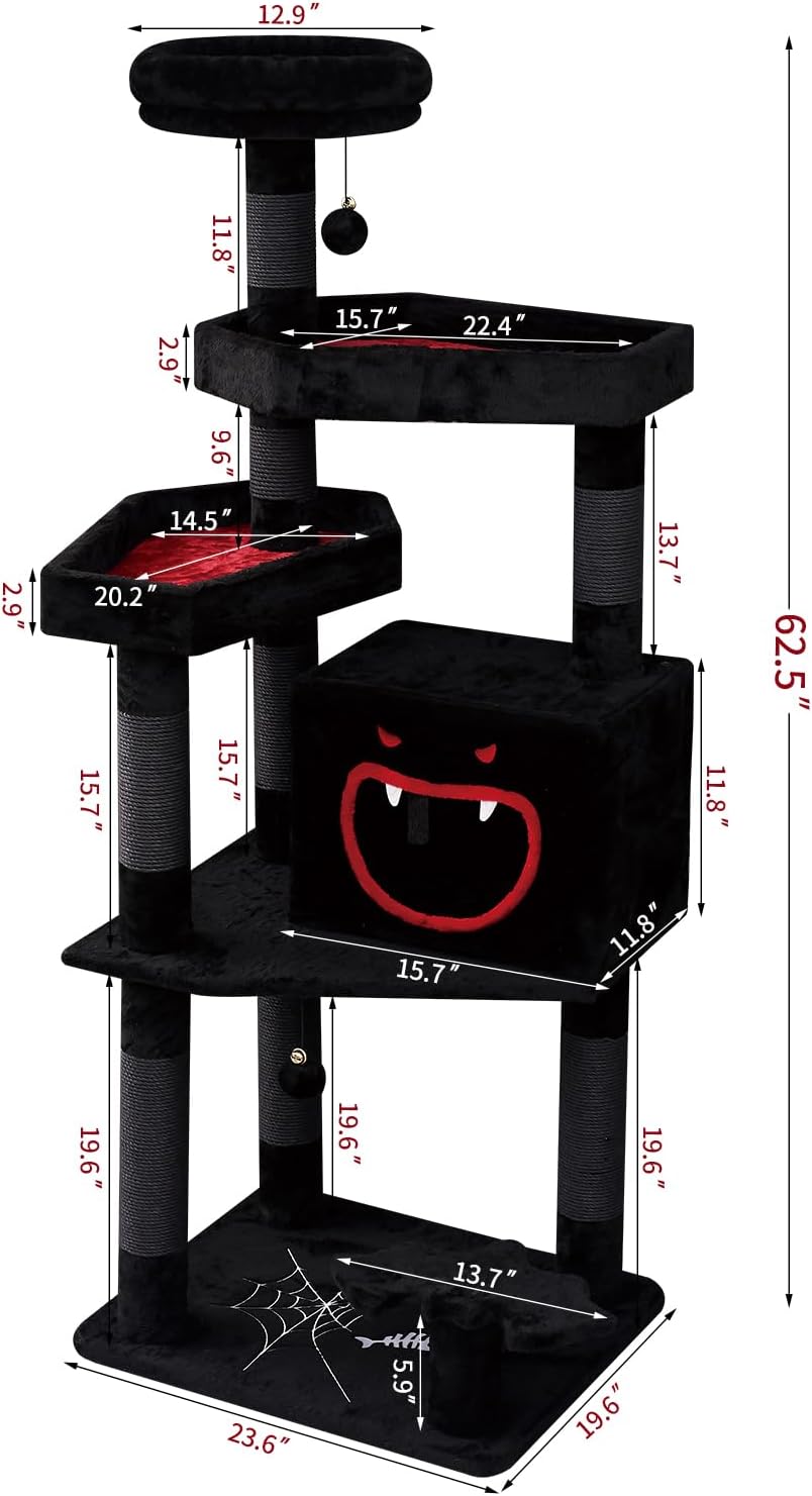 Gothic Cat Tree with Coffin Bed，62.5" Black Cat Tower with Spacious Demon Styled Cat Condo，Cozy Plush Perch, Scratching Posts，Hanging Ball，Multi-Level Cat Activities Furniture for Large Cats