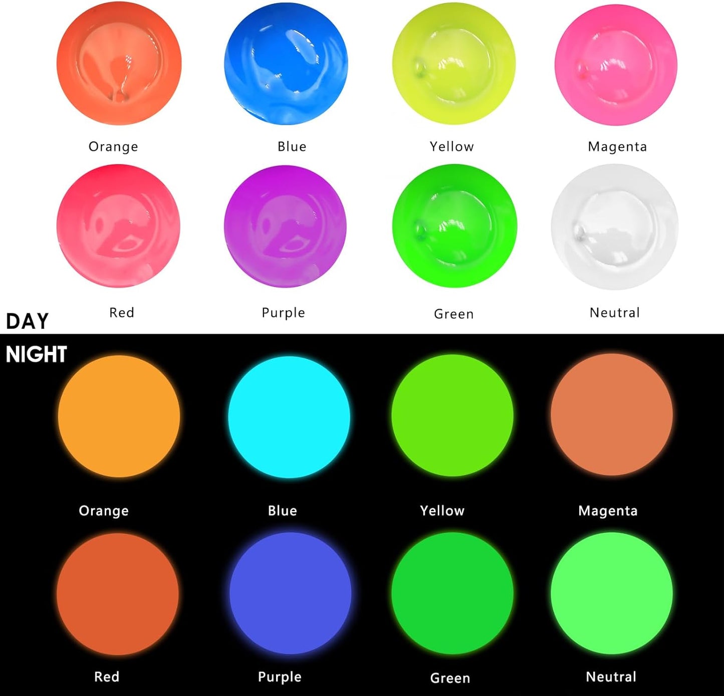 Artecho Glow in the Dark Paint 8 Colors, 20 ml / 0.7 oz Acrylic Paint for Decoration, Supplies for Canvas, Rock, Wood