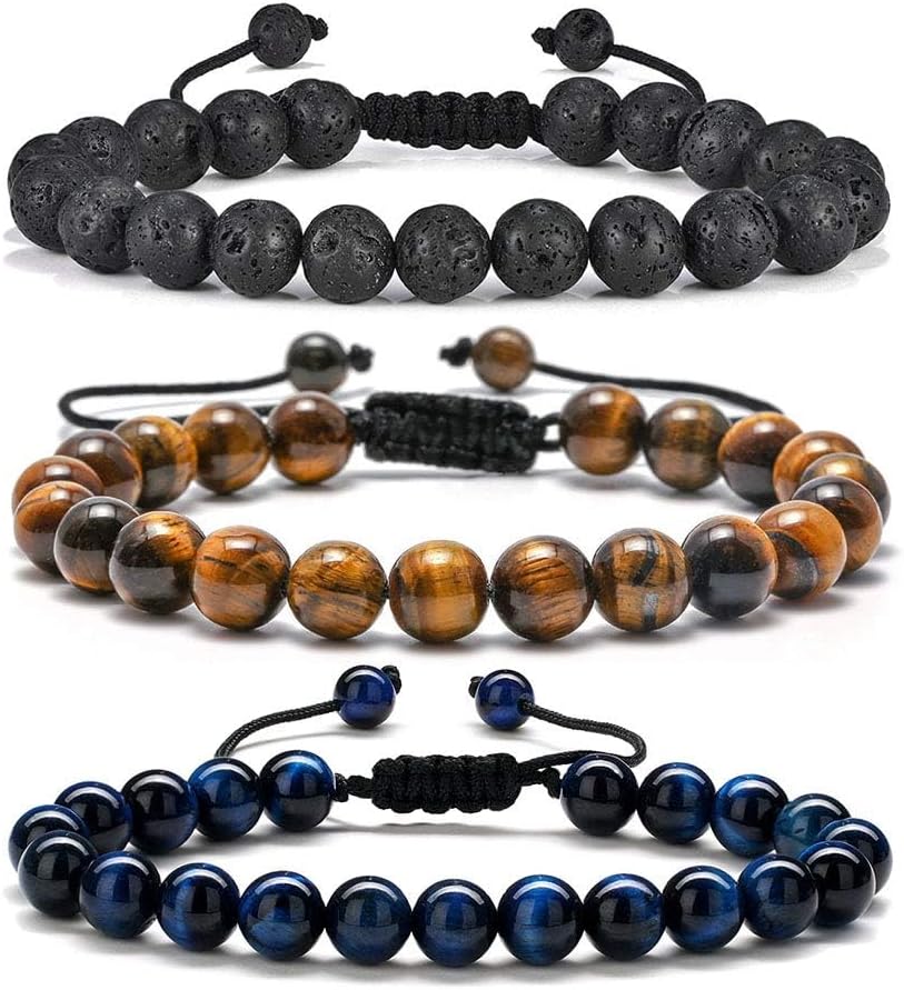 M MOOHAM Easter Gifts for Mens Boy Easter Basket Stuffers - Beaded Natural Stone 8mm Tiger Eye Matte Agate Lava Rock Bracelets Set for Men Teen Boys Dad Grandpa Birthday Gifts Jewelry