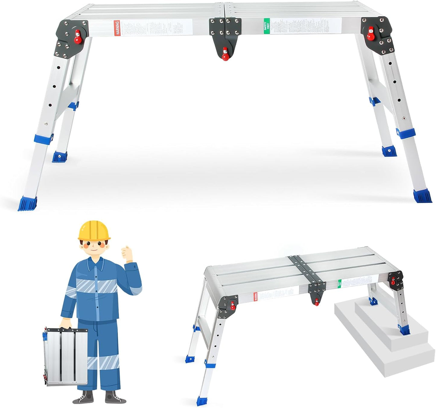 LEADALLWAY Work Platform Height Adjustment 33"(L) x12(W) x20(H) Step Stool Aluminum Platform Ladder with One-Touch Automatic Fold 330 Lbs Capacity