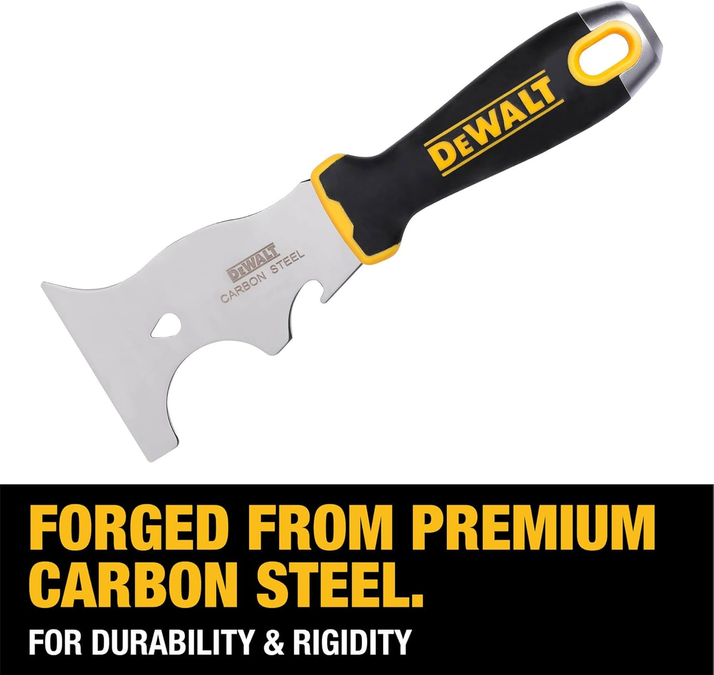 DEWALT 9-in-1 Painter's Tool | Straight Scraper, Curved Scraper, Gouger, Roller Cleaner, Can Opener, Bottle Opener, Nail Puller, Screwdriver, Hammer | Carbon Steel w/Soft Grip Handle | DXTT-2-200